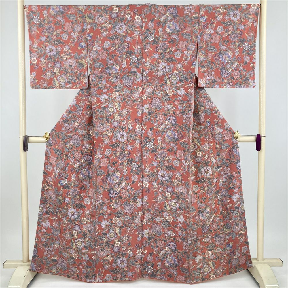 中古） 小紋 橙 オレンジ カジュアル 和更紗 袷 絹【身丈】153.5cm【裄