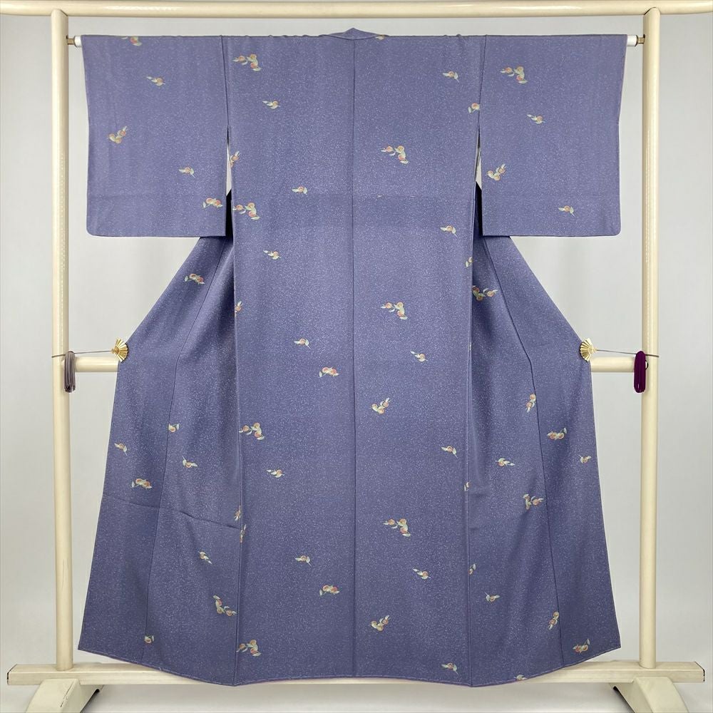 中古） 小紋 青 カジュアル 縮緬 陶器文様 袷 絹 【身丈】158cm【裄丈