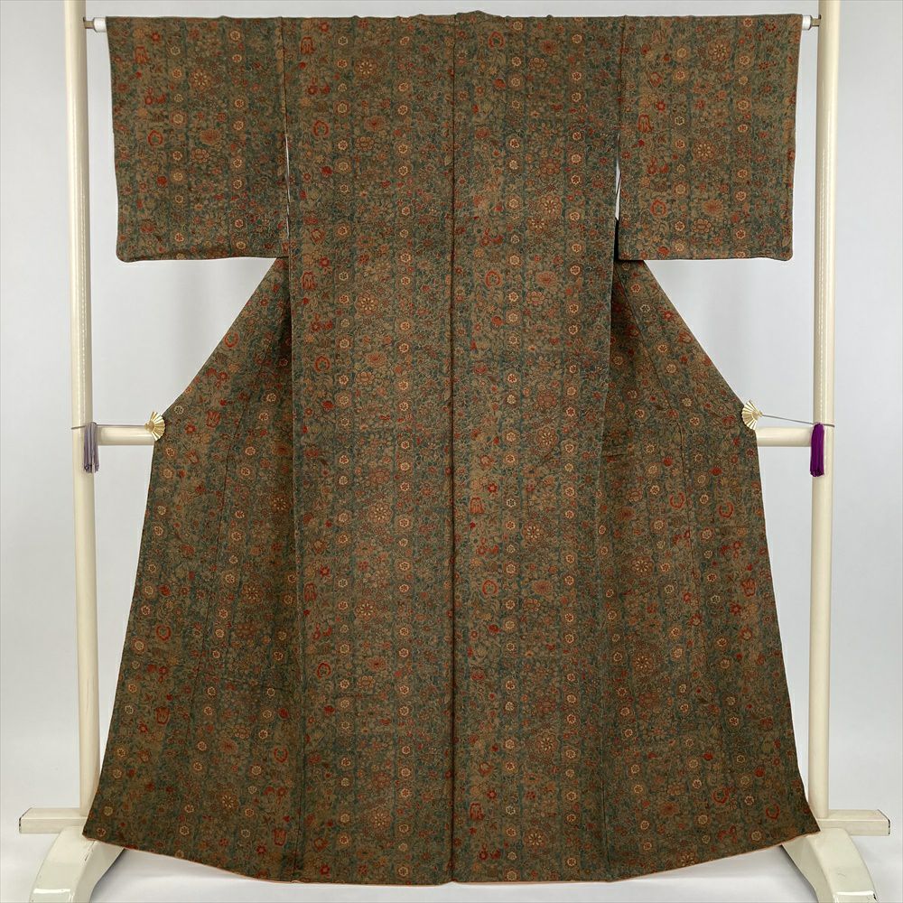 中古） 小紋 青 カジュアル 縮緬 陶器文様 袷 絹 【身丈】158cm【裄丈