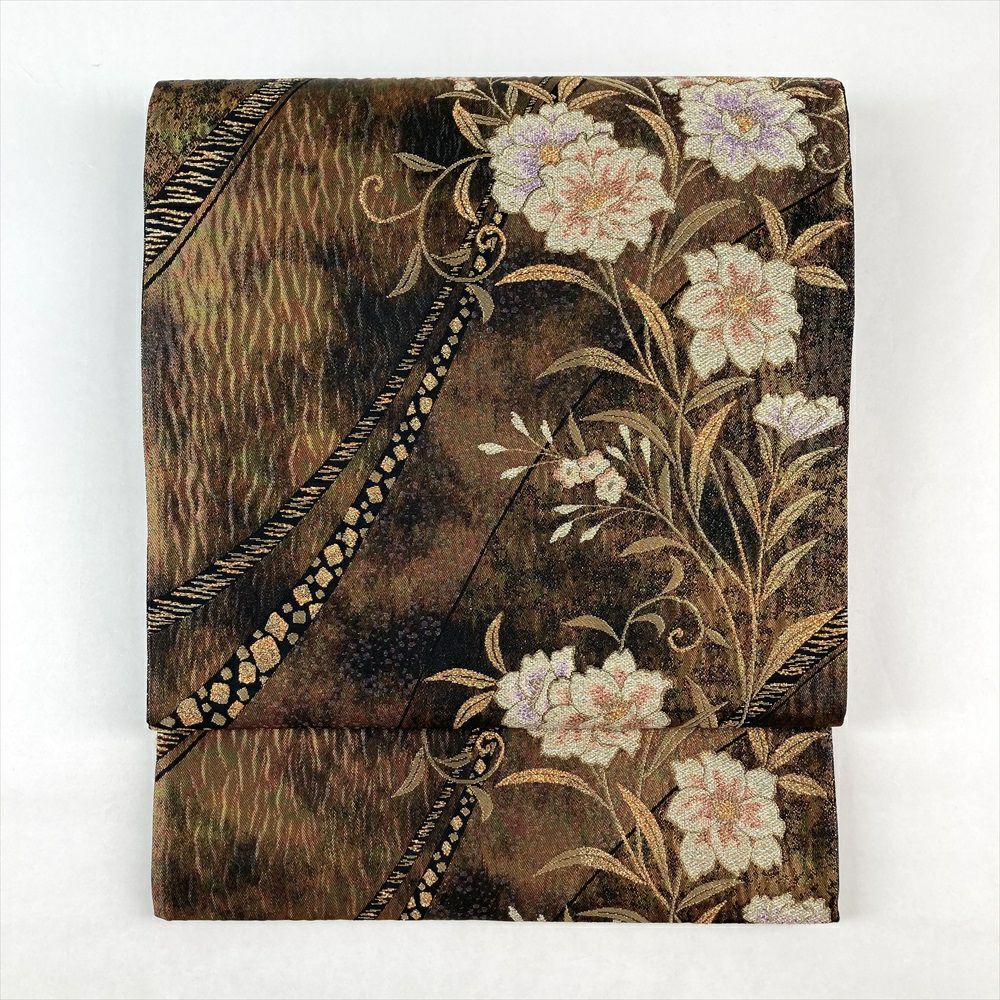 袋帯　茶系 リサイクル着物】袋帯 手織り 御所絵巻文様 本金箔24金 432cm 正絹 A