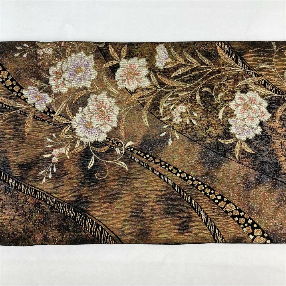 袋帯　茶系 リサイクル着物】袋帯 手織り 御所絵巻文様 本金箔24金 432cm 正絹 A