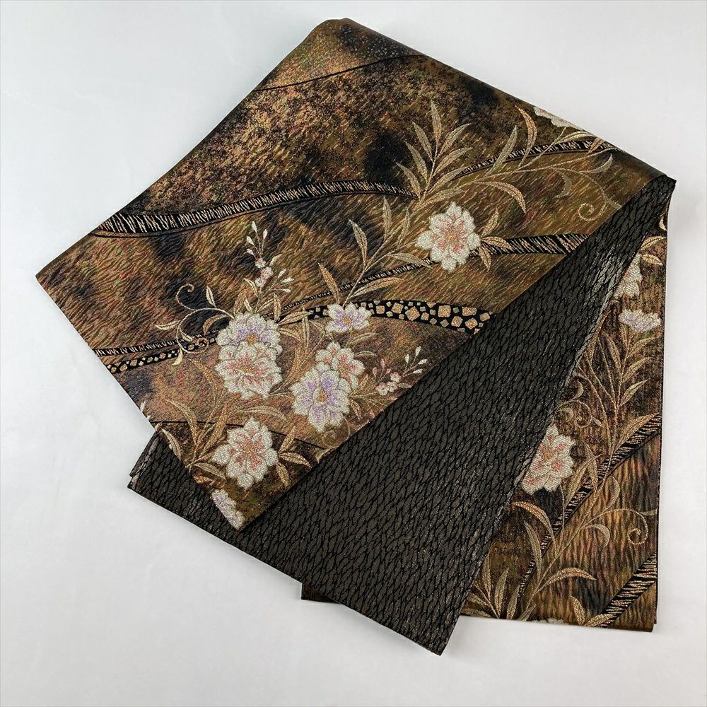 中古）京袋帯 黒 金 セミフォーマル 六通 織り 引き箔 四季花 絹