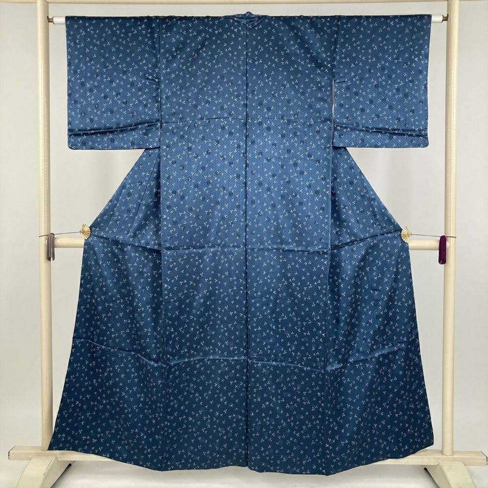 中古） 小紋 ブルーグレー カジュアル 縮緬 菊に露芝文様 袷 絹 【身丈