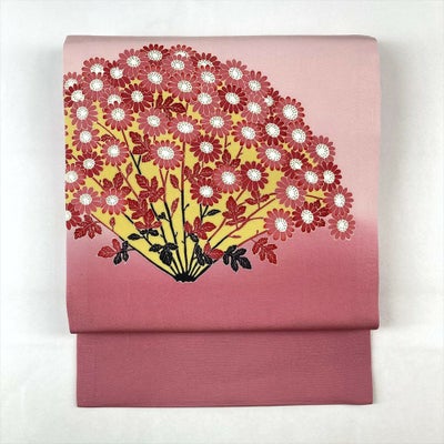 中古）名古屋帯 ピンク カジュアル 名古屋仕立て 染め 塩瀬 菊 絹