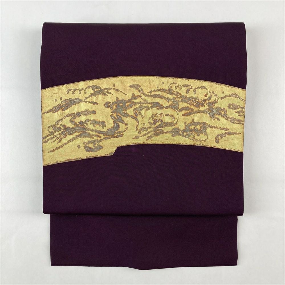 中古）名古屋帯 濃紫色 カジュアル 名古屋仕立て 塩瀬 染め 金彩 遠山
