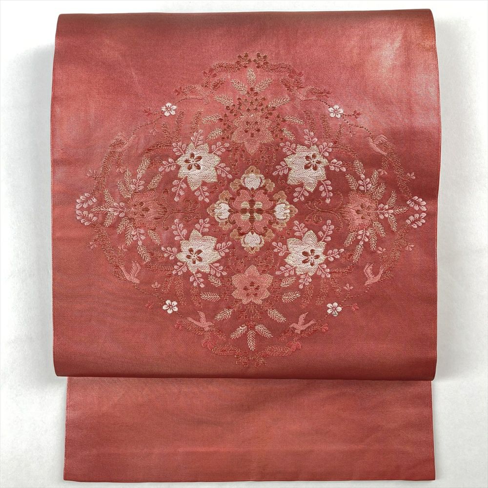 中古）九寸名古屋帯 臙脂 カジュアル 金糸 抽象柄 名古屋仕立て