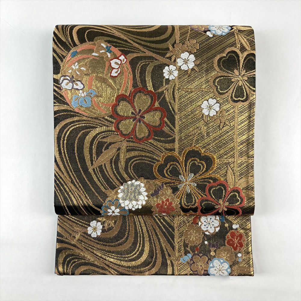 中古）振袖用袋帯 金 フォーマル 六通 引き箔 金糸 銀糸 桜 絹