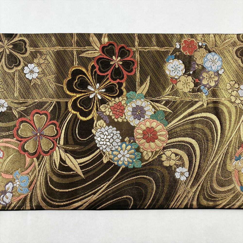 中古）振袖用袋帯 黒色 フォーマル 六通 金糸 引き箔 花の丸 桜 絹