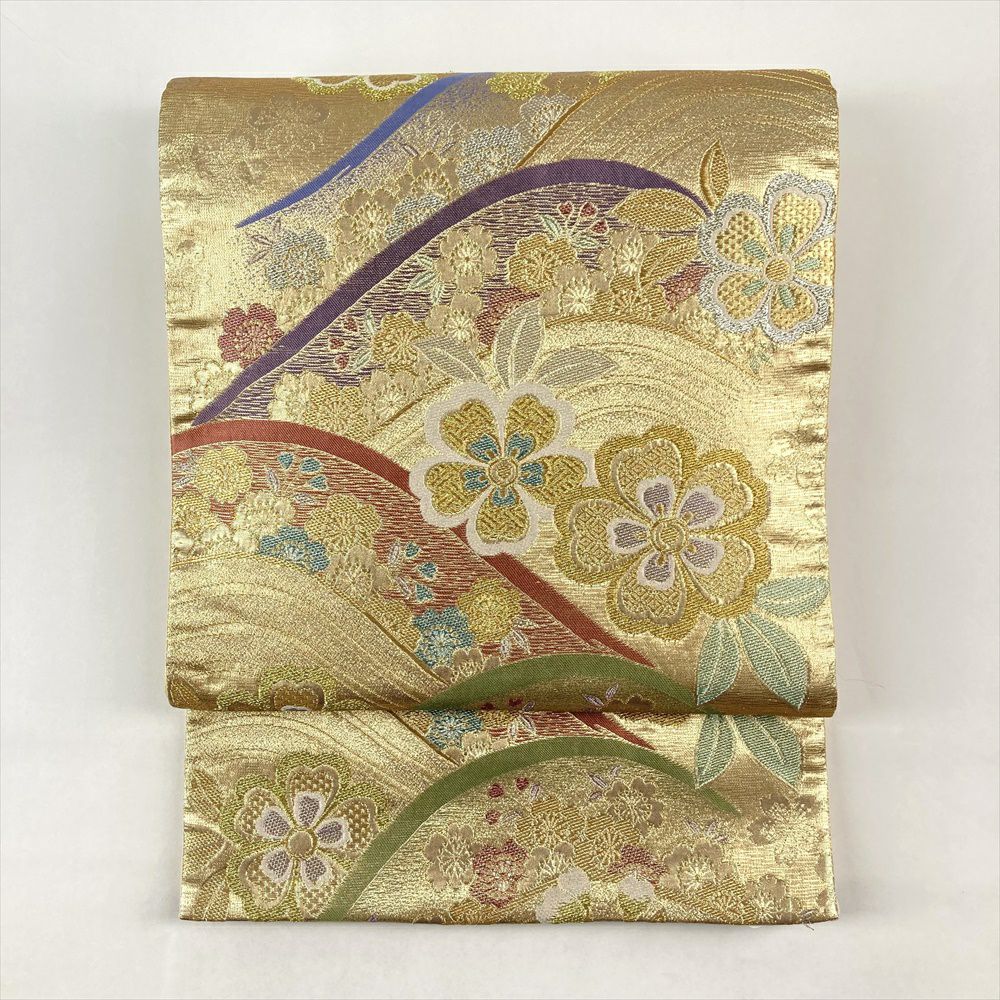 中古）袋帯 金 フォーマル セミフォーマル 六通 切箔 金糸 色糸 花の丸