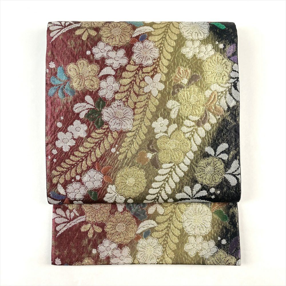 中古）振袖用袋帯 黒 金 フォーマル 六通 引き箔 雪輪鶴芝 桜 絹