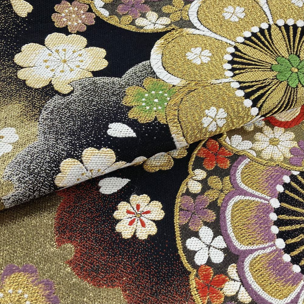 中古）振袖用袋帯 黒色 フォーマル 六通 金糸 色糸 雪輪 華文 絹