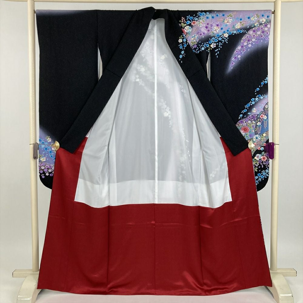 中古） 振袖 黒色 フォーマル 金通しぼかし染め 金彩 辻が花 袷 絹