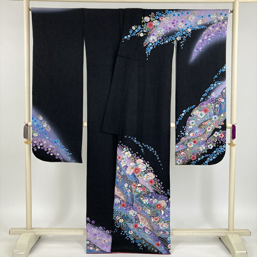 中古） 振袖 黒色 フォーマル 金通しぼかし染め 金彩 辻が花 袷 絹