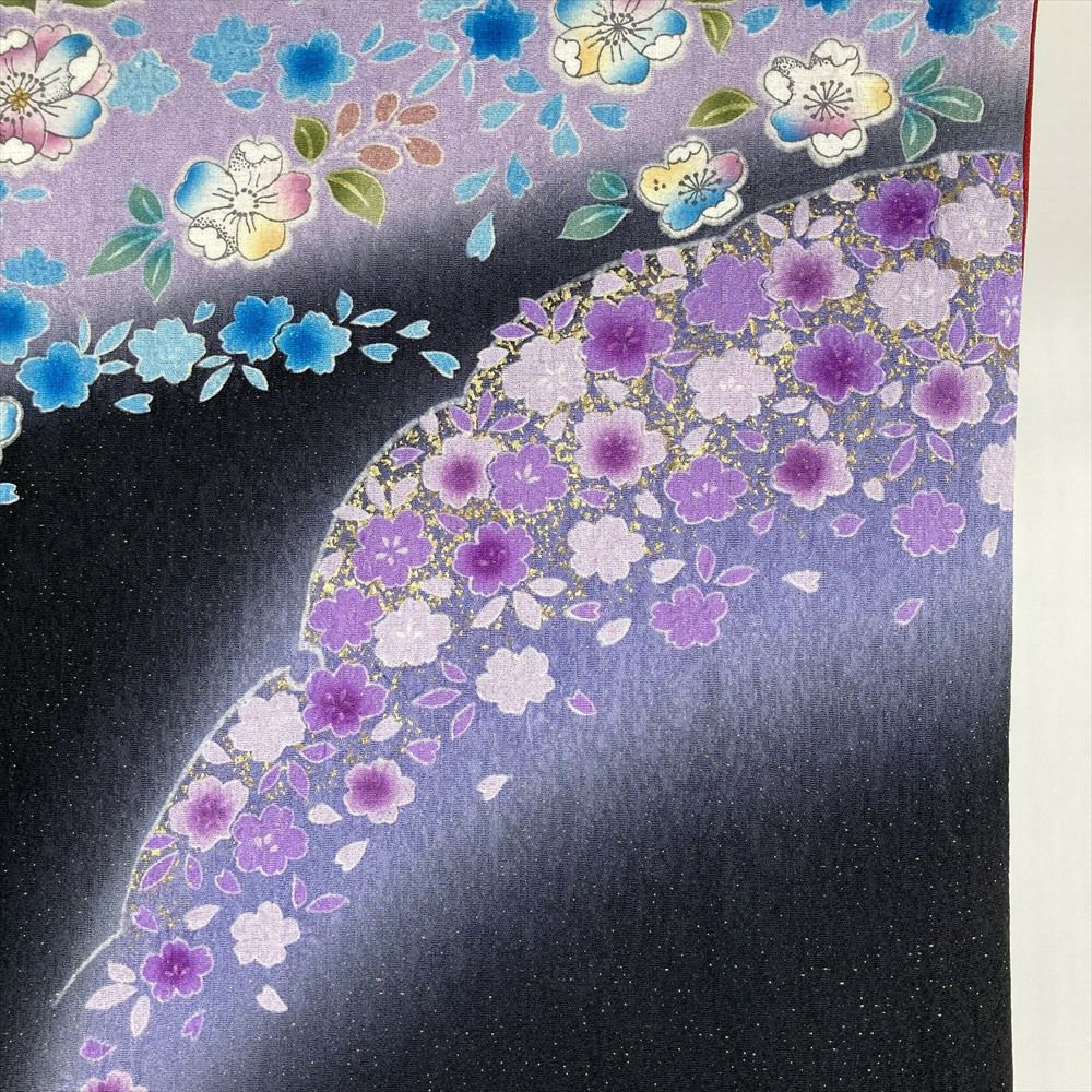 中古） 振袖 黒色 フォーマル 金通しぼかし染め 金彩 辻が花 袷 絹