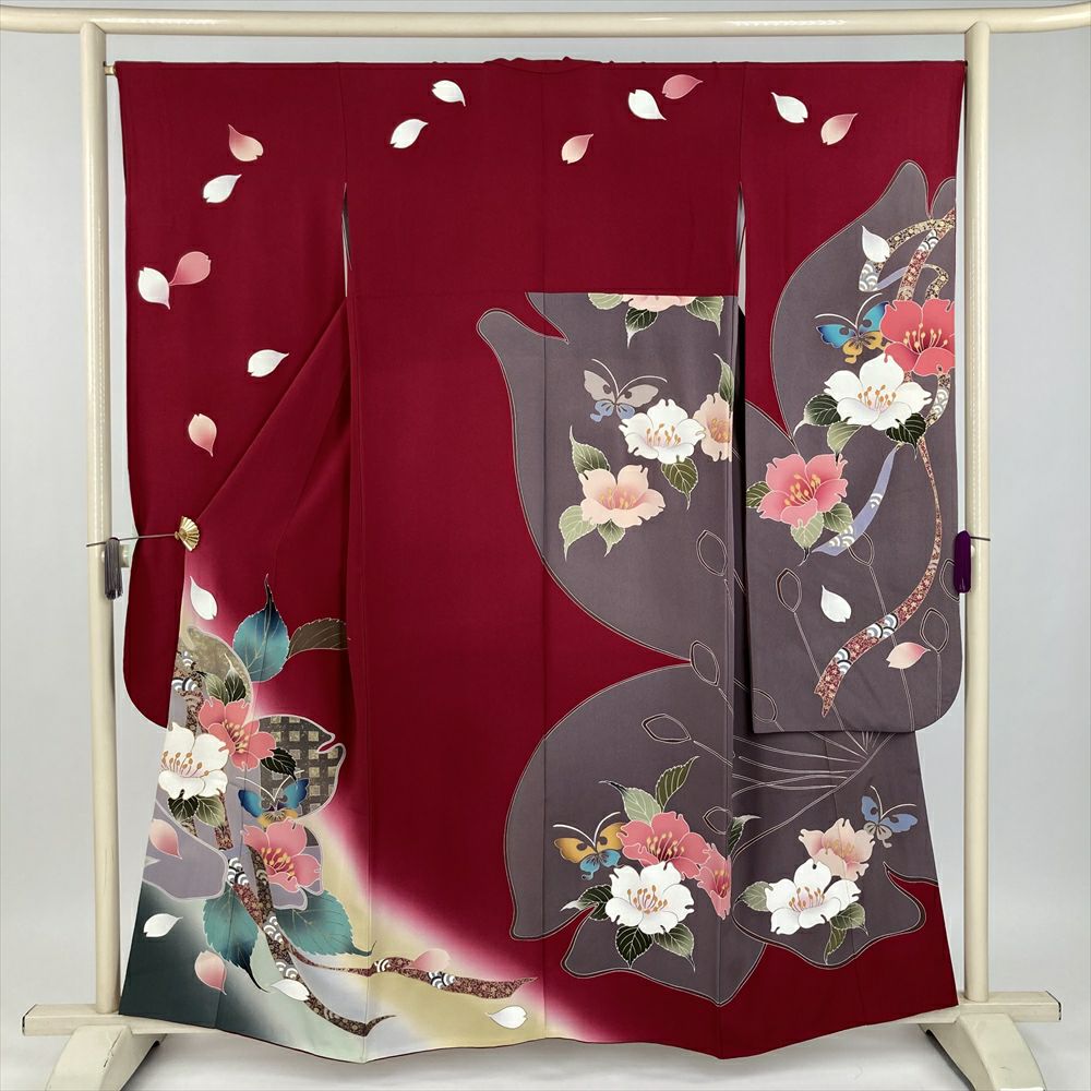 中古）振袖 ピンク 金彩 牡丹 四季の草花 ヴィンテージ 袷 S【身丈