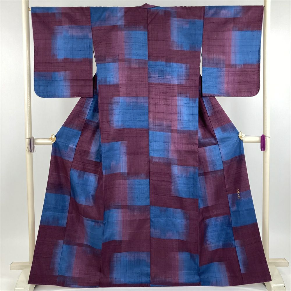 訪問着　紬　蘇州刺繍　利休色　茶　紫　黒　ブルー　弁慶　牛若丸A498 美品】 袋帯 秀品 紬地 鴛鴦 菊 蘇州刺繍 紫 お太鼓柄 正絹｜中古