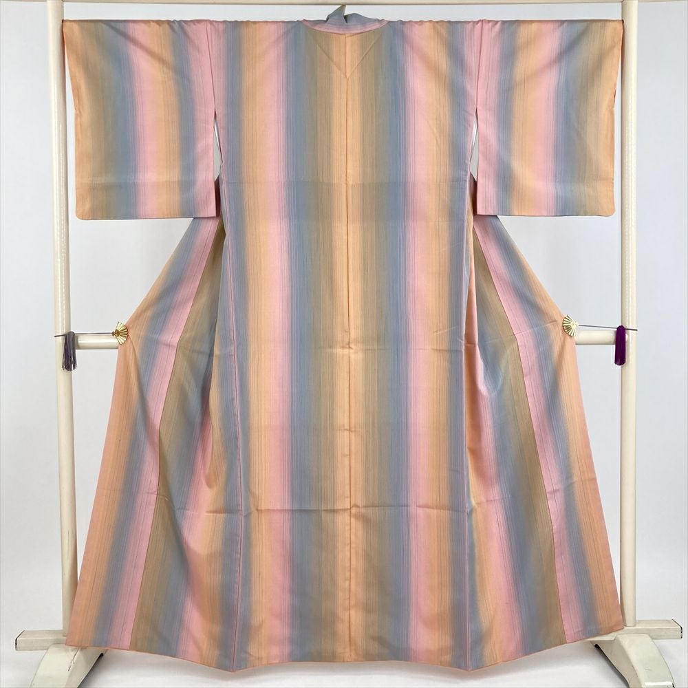 中古）道行コート サーモンピンク オレンジ 袷 菱型文様 地紋織り 花菱
