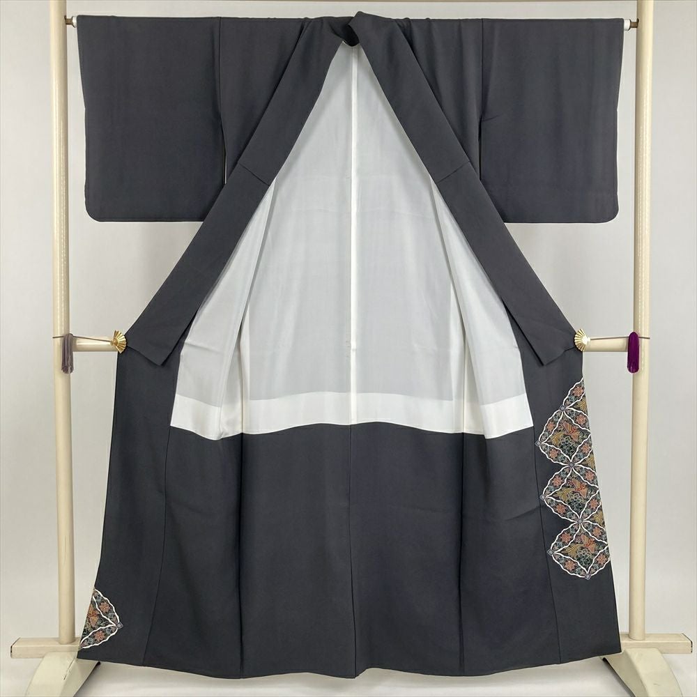 中古） 色留袖 濃グレー フォーマル ちりめん 染め金駒刺繍 金彩 鳳凰