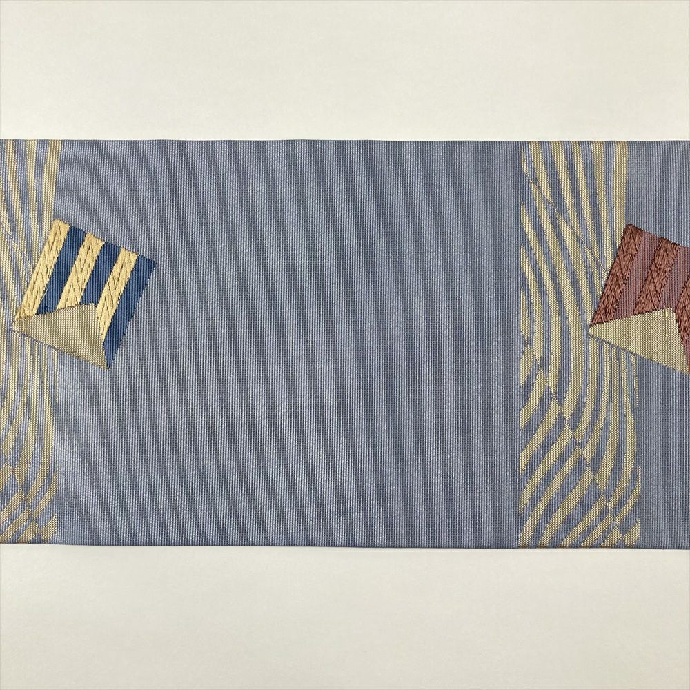 中古）名古屋帯 薄花桜色 水色 カジュアル 名古屋仕立て 引き箔 抽象柄 絹