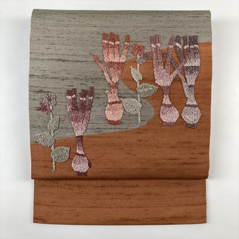 中古）名古屋帯 白金 カジュアル 名古屋仕立て 蘇州刺繍 唐子 絹