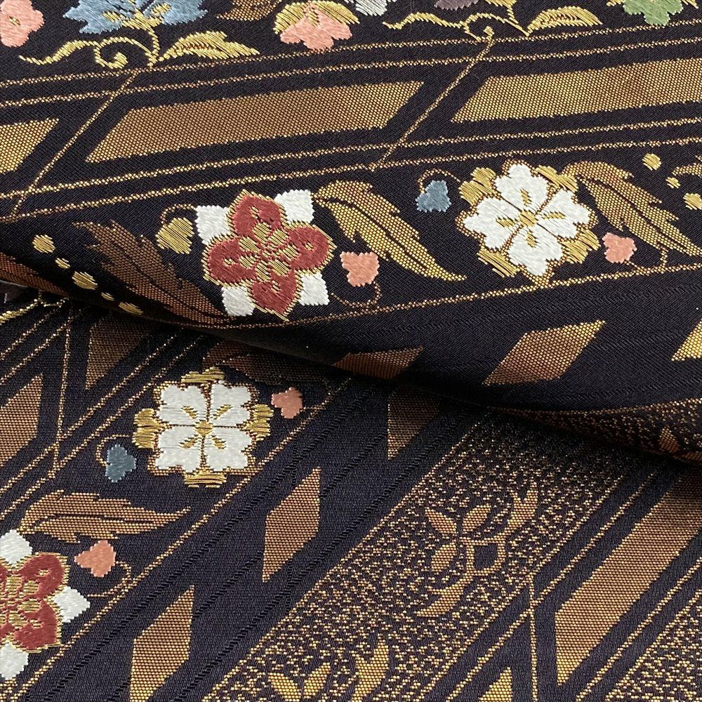 中古）名古屋帯 黒茶色 カジュアル 名古屋仕立て 金糸 引き箔 斜め取り 絹