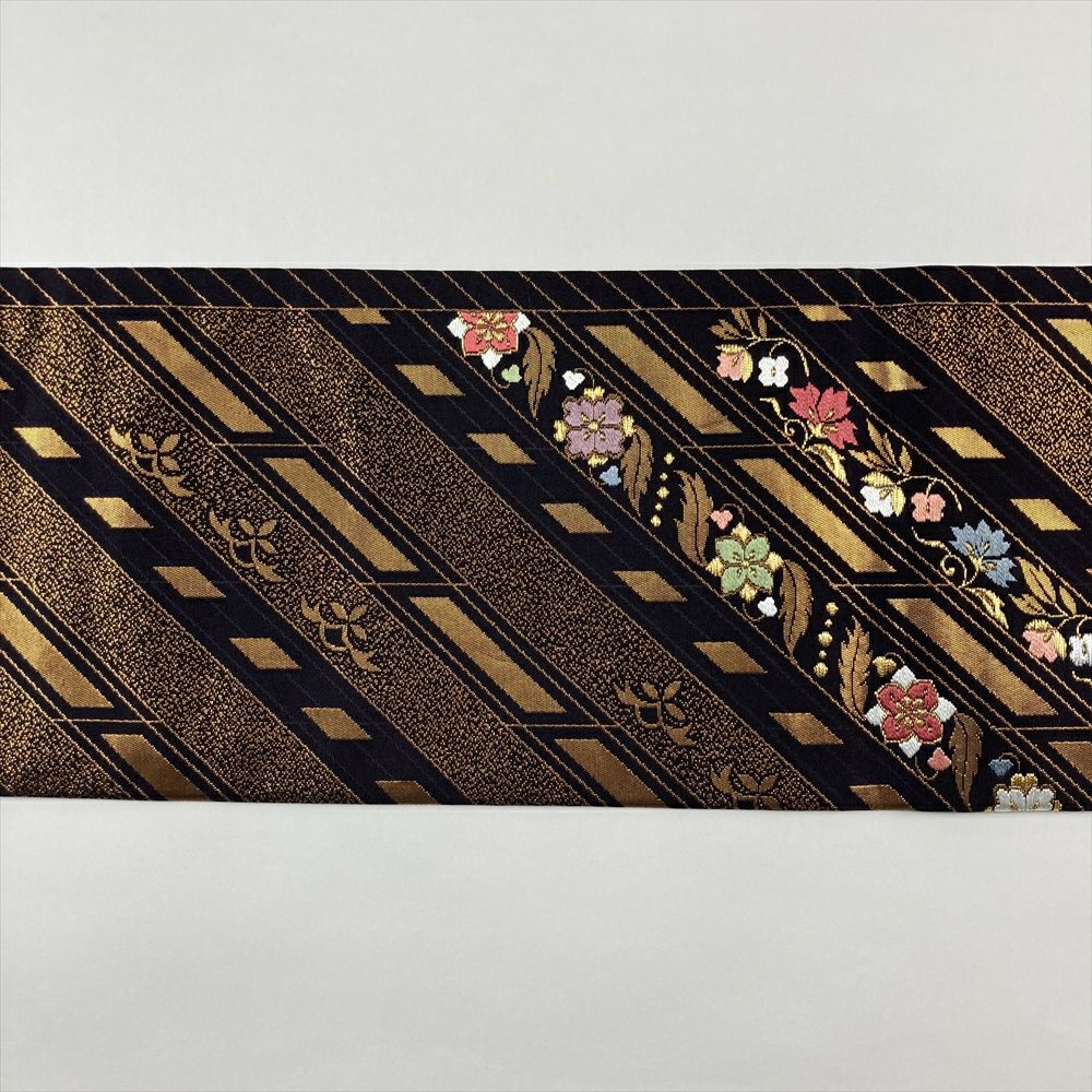 中古）名古屋帯 黒茶色 カジュアル 名古屋仕立て 金糸 引き箔 斜め取り 絹