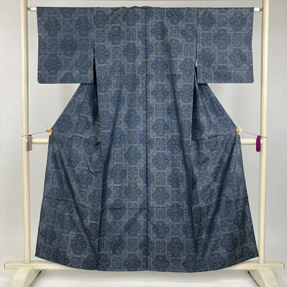 「縁」155ｃｍ～161ｃｍ 単衣 一越地 藍鉄色 小紋 正絹 Ｉ９２９ 中古） 単衣小紋 鉄紺色 カジュアル 露芝 ひとえ SS 【身丈】147.5cm