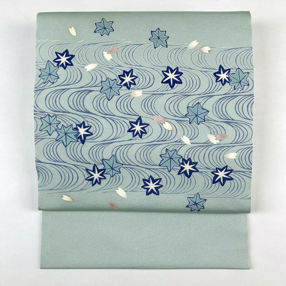 中古）名古屋帯 薄水色 カジュアル ちりめん 染め 流水 桜 紅葉 絹