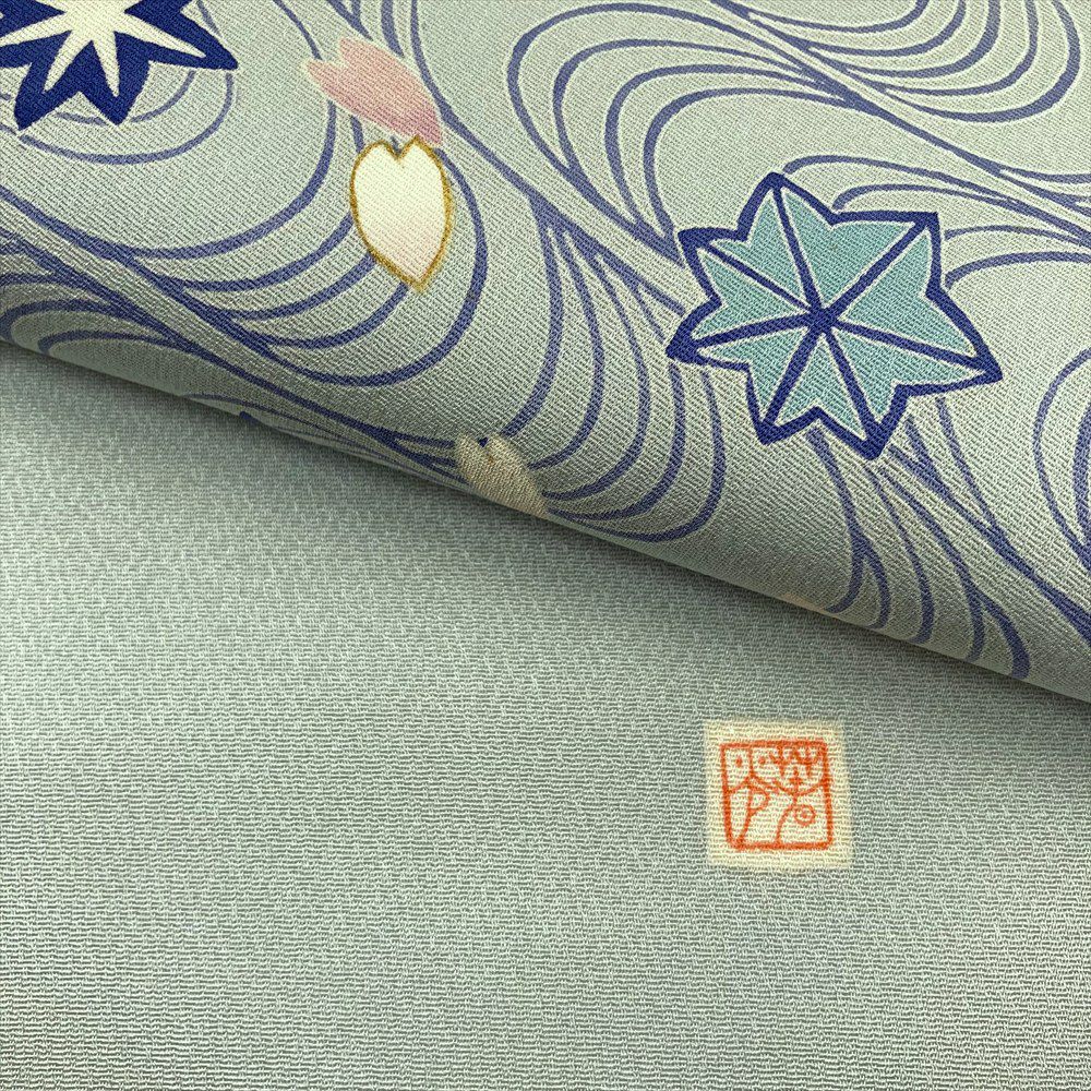 中古）名古屋帯 薄水色 カジュアル ちりめん 染め 流水 桜 紅葉 絹