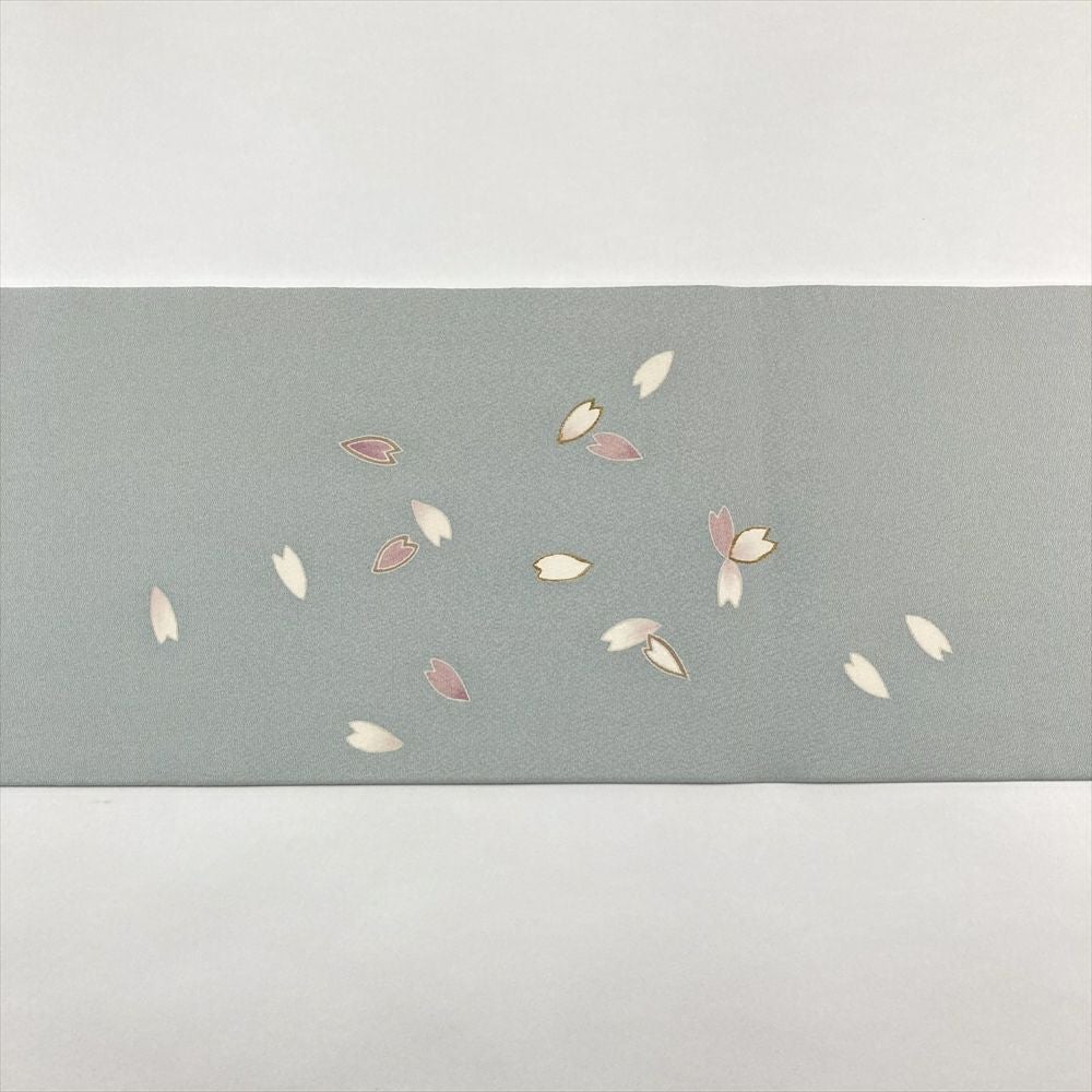 中古）名古屋帯 薄水色 カジュアル ちりめん 染め 流水 桜 紅葉 絹