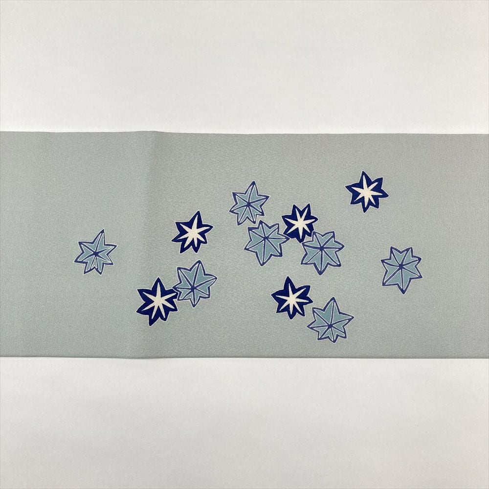 中古）名古屋帯 薄水色 カジュアル ちりめん 染め 流水 桜 紅葉 絹