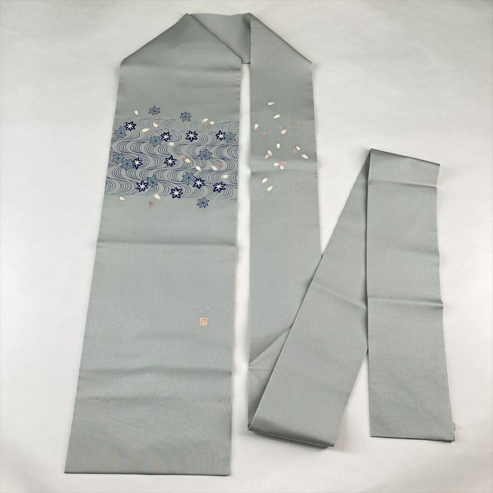 中古）名古屋帯 薄水色 カジュアル ちりめん 染め 流水 桜 紅葉 絹
