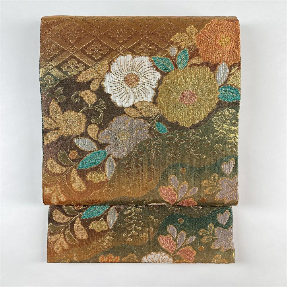 中古）袋帯 金茶 カジュアル 六通 ふくれ織り 百合