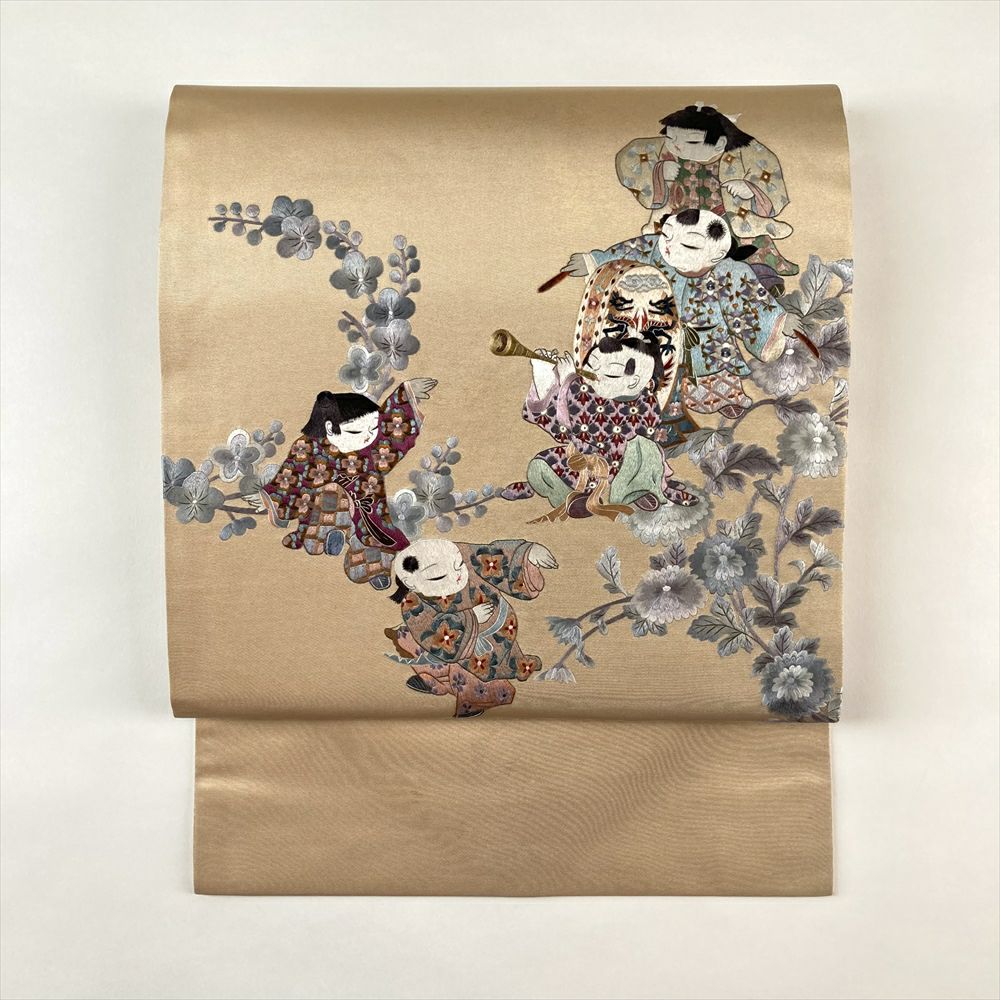 中古）名古屋帯 白金 カジュアル 名古屋仕立て 蘇州刺繍 唐子 絹