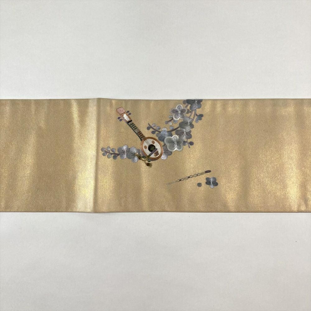 中古）名古屋帯 白金 カジュアル 名古屋仕立て 蘇州刺繍 唐子 絹