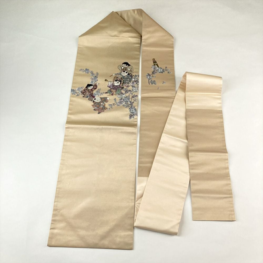中古）名古屋帯 白金 カジュアル 名古屋仕立て 蘇州刺繍 唐子 絹