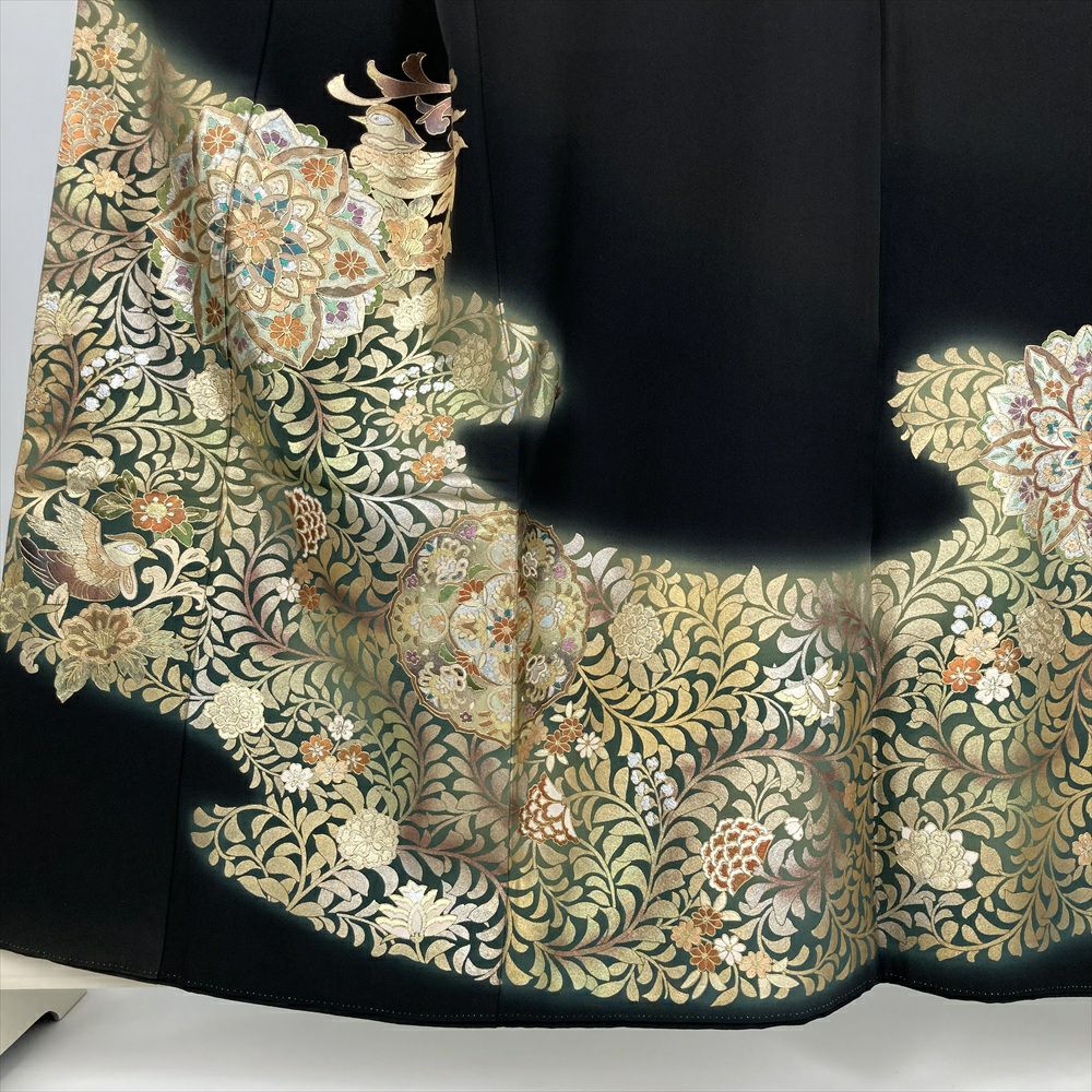 中古） 黒留袖 黒 フォーマル 金彩 花鳥 オリエンタル 袷 絹 【身丈