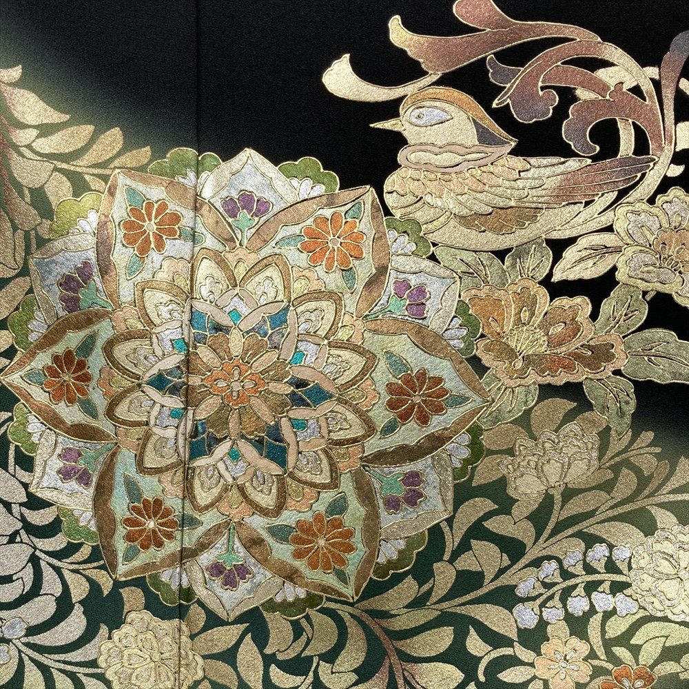 中古） 黒留袖 黒 フォーマル 金彩 花鳥 オリエンタル 袷 絹 【身丈