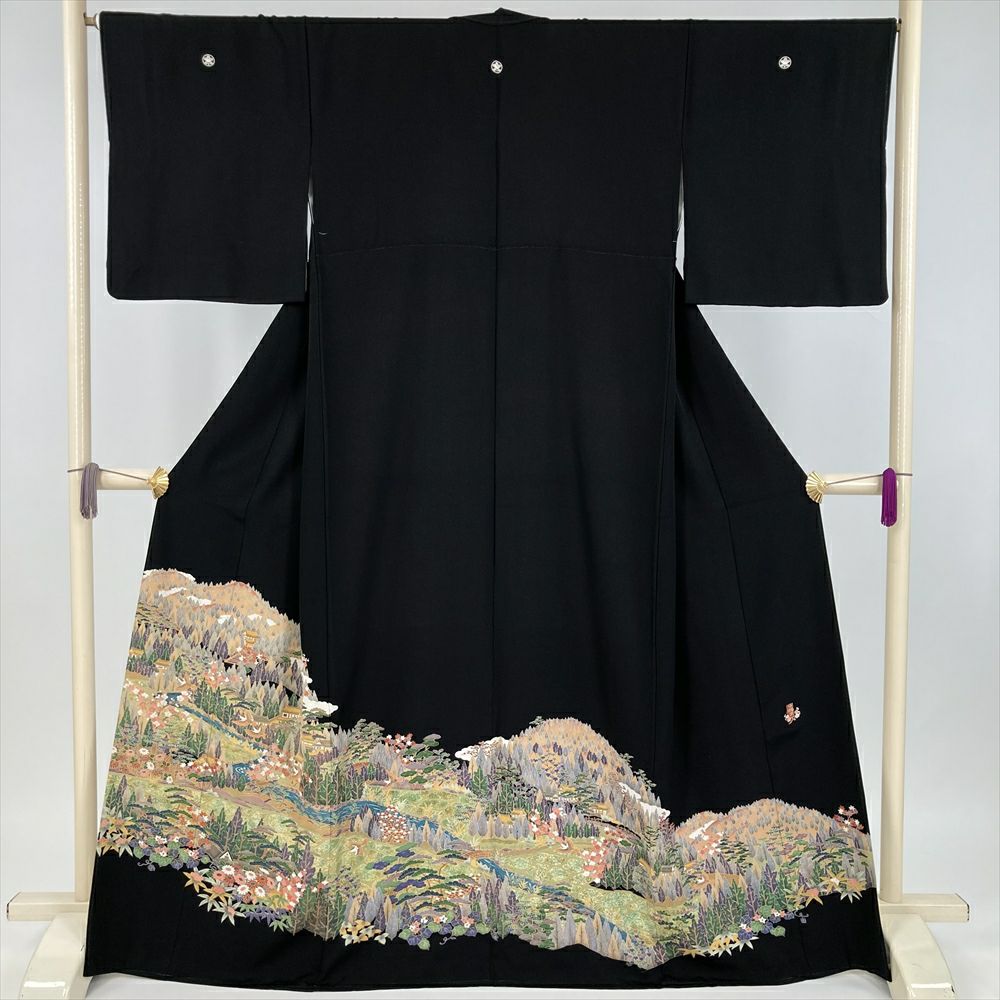 中古）黒留袖 黒 フォーマル 金駒刺繍 金彩 大名行列図 五つ紋 落款 袷