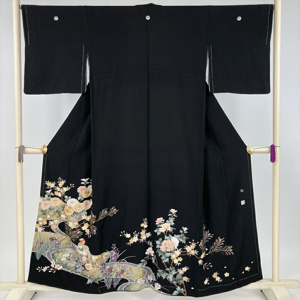中古）黒留袖 黒 フォーマル 金駒刺繍 金彩 四季花 橋柄 唐草文様 袷 M