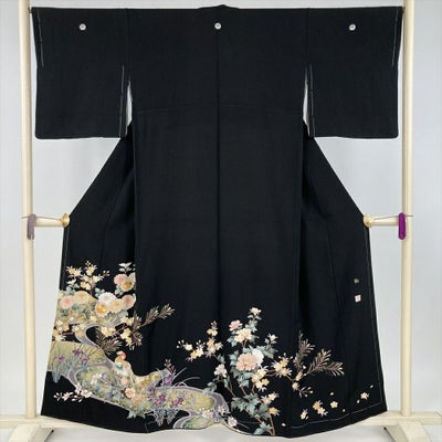 中古）黒留袖 黒 フォーマル 五つ紋 比翼 刺繍 傘 鞠 藤 橘 袷 S【身丈 