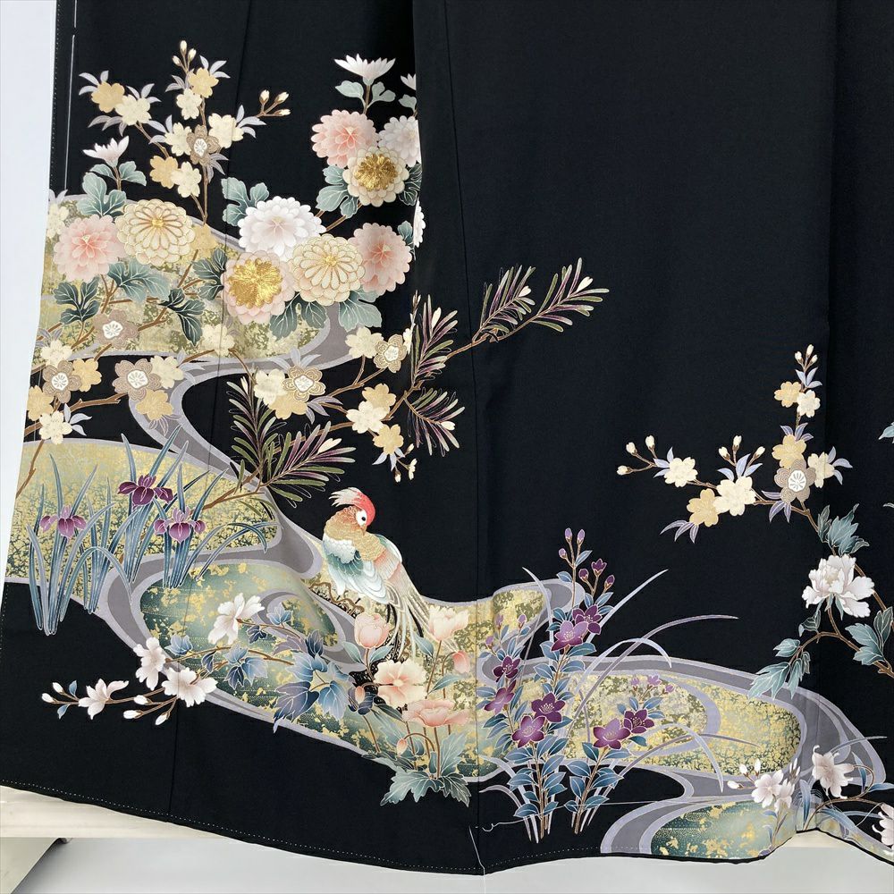 中古） 黒留袖 黒 フォーマル 金彩 刺繍 花鳥 袷 絹 【身丈】150cm【裄