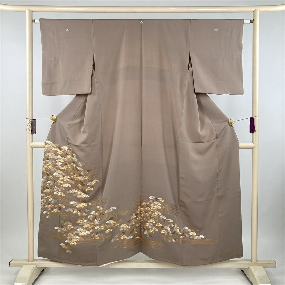 中古） 色留袖 灰青緑 フォーマル 鶴に扇面と熨斗 袷 絹【身丈】162cm