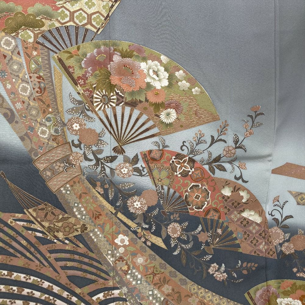 中古） 色留袖 灰青 グレー フォーマル 刺繍 熨斗 扇 袷 絹【身丈