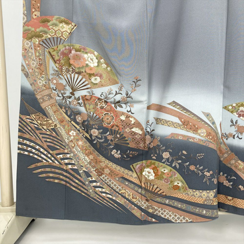 中古） 色留袖 灰青 グレー フォーマル 刺繍 熨斗 扇 袷 絹【身丈
