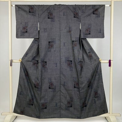 中古） 大島紬 紺 カジュアル 雲に花の丸文様 袷 絹 【身丈】159cm【裄 