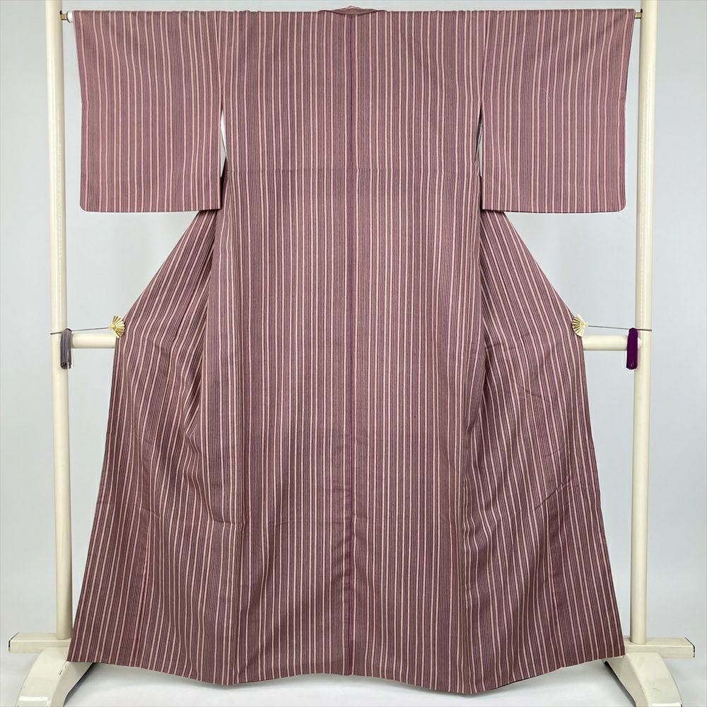 中古） 紬 紅梅 ピンク カジュアル 染め 縞 袷 絹【身丈】156.5cm【裄