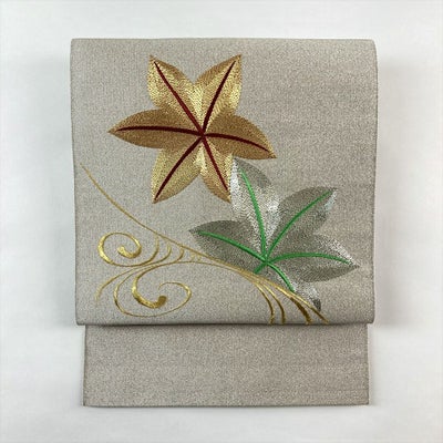 中古）名古屋帯 銀 カジュアル 松葉仕立て 織り 刺繍 紅葉 流水 絹