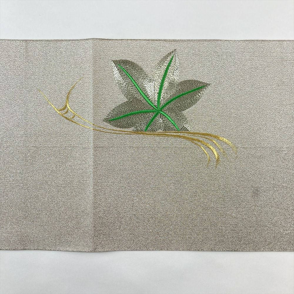 中古）名古屋帯 銀 カジュアル 松葉仕立て 織り 刺繍 紅葉 流水 絹