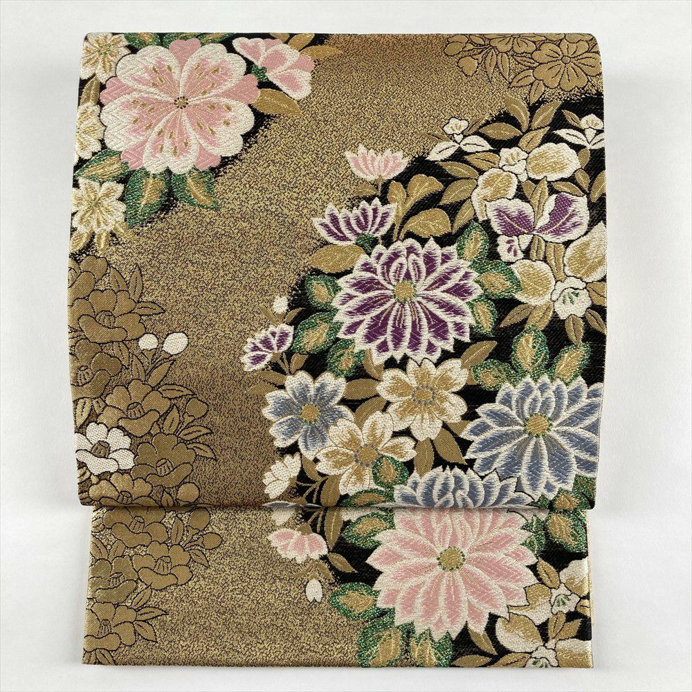 袋帯 正絹 金糸 ゴールド系 華文様 ゴールドｘ多色 六通柄 フォーマル 礼装 長さ432cm【中古】 【キモノオフ野々市若松店】 袋帯 正絹 六通柄 未使用 仕立て付き フォーマル 六通 西陣織 ゴールド